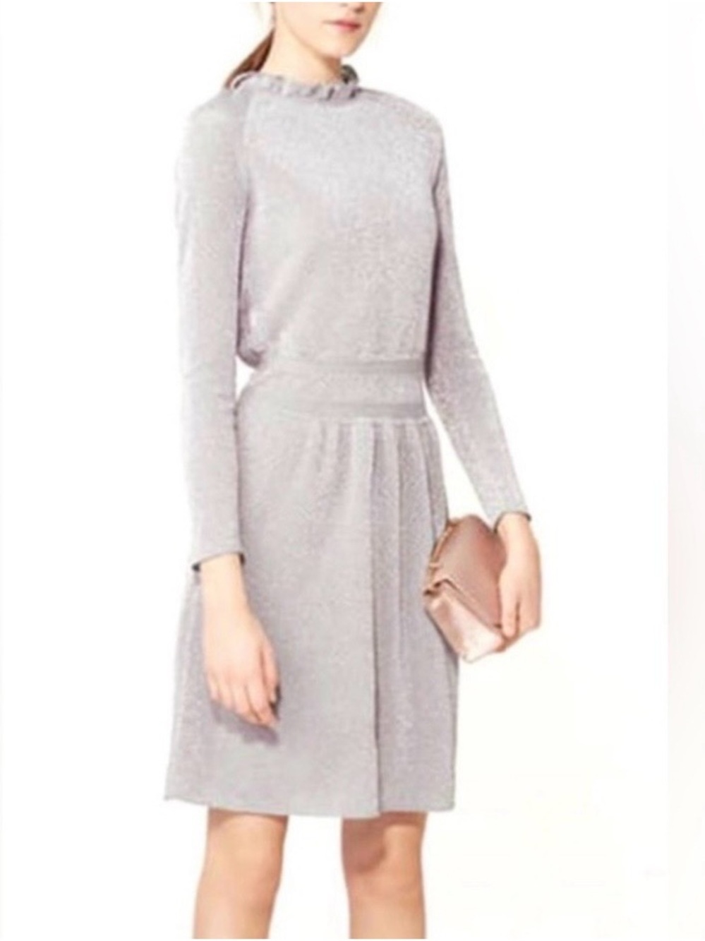 Tory Burch Isabelle Metallic Silver Knit Dress with Ruffle Neck